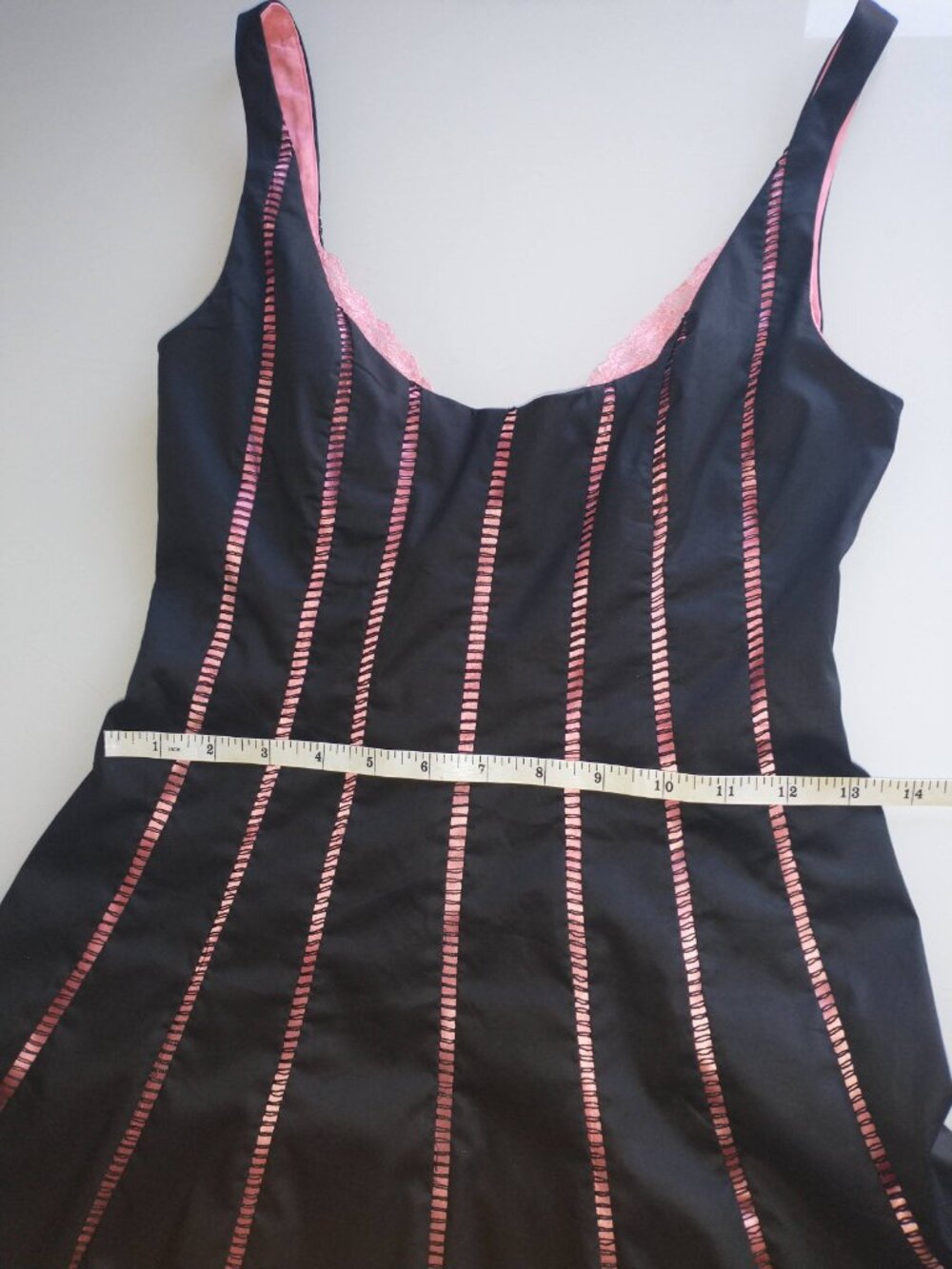 Rare Y2K Vtg Bebe Openwork Lattice Dress Pink Silk Lining Black Sexy Fit & Flare - Picture 15 of 16